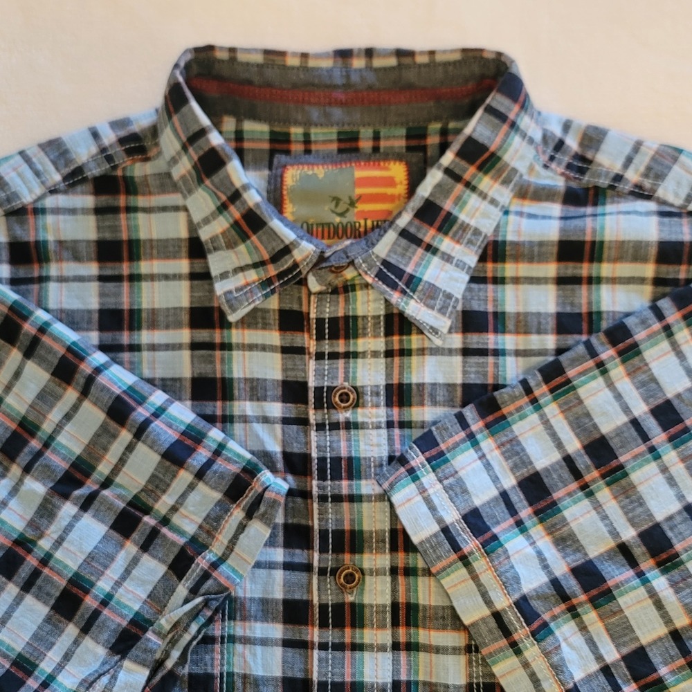Outdoor Life Plaid Button Up Shirt Mens Large‎ Blue Black Short Sleeve Cotton